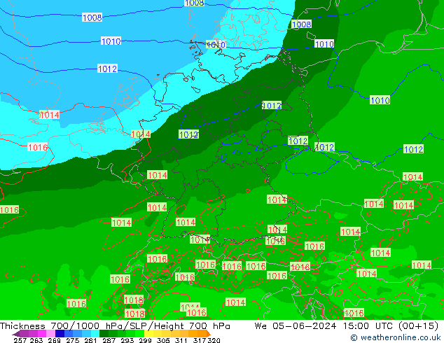 Thck 700-1000 hPa Arpege-eu We 05.06.2024 15 UTC