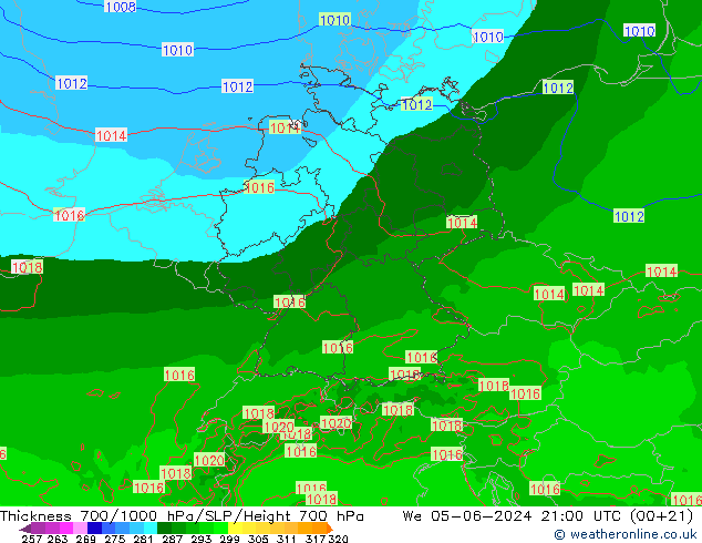 Thck 700-1000 hPa Arpege-eu śro. 05.06.2024 21 UTC