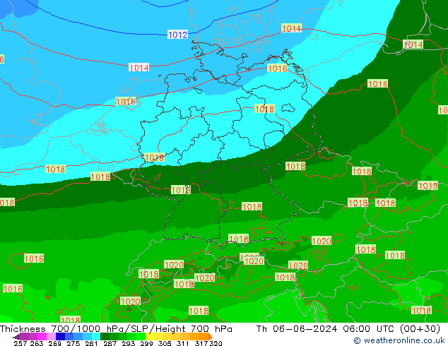 Thck 700-1000 hPa Arpege-eu Th 06.06.2024 06 UTC