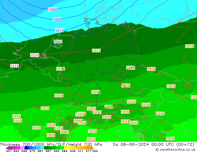 Thck 700-1000 hPa Arpege-eu Sa 08.06.2024 00 UTC