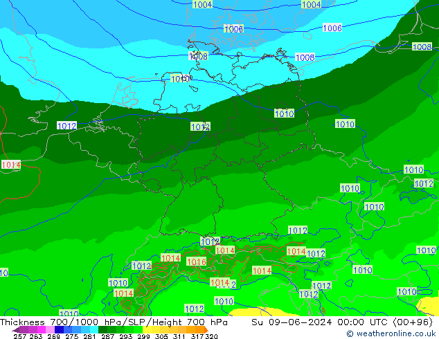 Thck 700-1000 hPa Arpege-eu Dom 09.06.2024 00 UTC