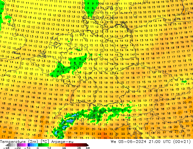 Temperaturkarte (2m) Arpege-eu Mi 05.06.2024 21 UTC