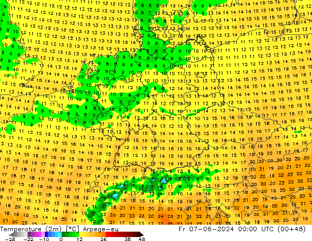 Sıcaklık Haritası (2m) Arpege-eu Cu 07.06.2024 00 UTC