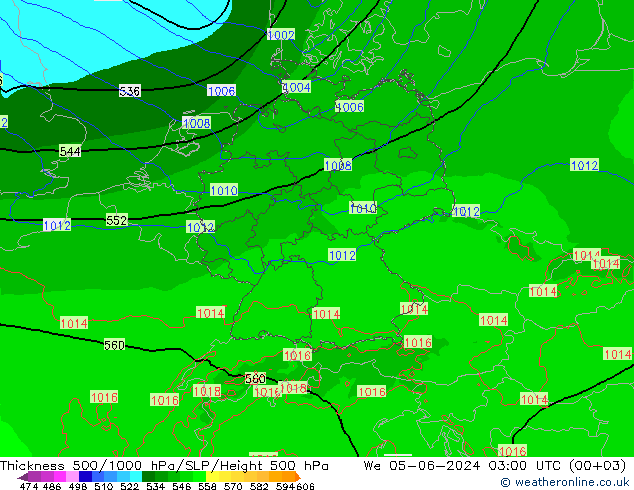 Espesor 500-1000 hPa Arpege-eu mié 05.06.2024 03 UTC