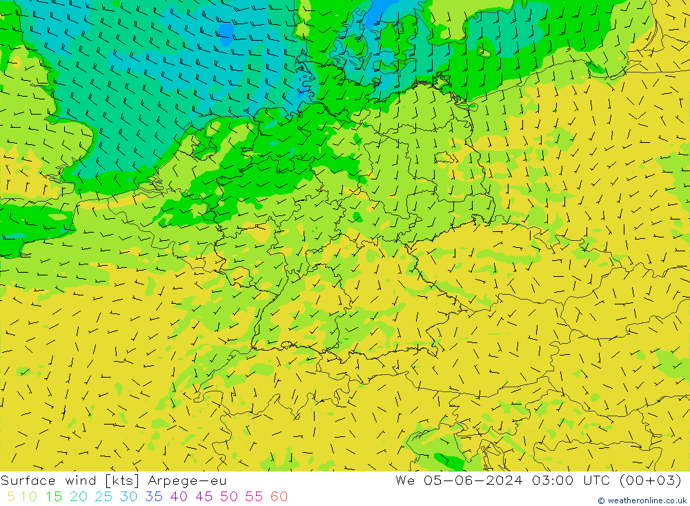 Viento 10 m Arpege-eu mié 05.06.2024 03 UTC