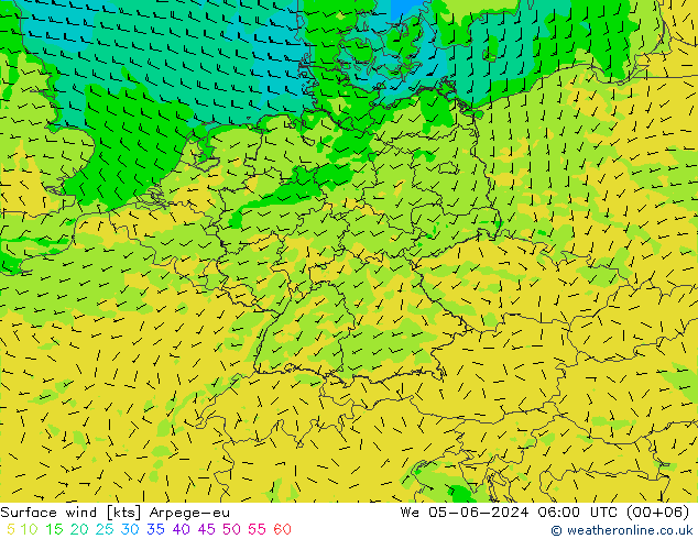 Viento 10 m Arpege-eu mié 05.06.2024 06 UTC