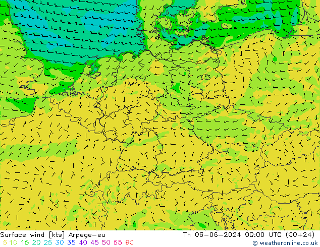 Surface wind Arpege-eu Th 06.06.2024 00 UTC