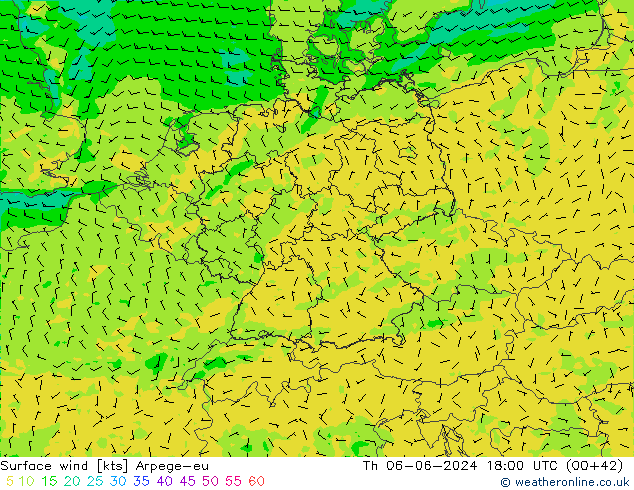 Surface wind Arpege-eu Čt 06.06.2024 18 UTC