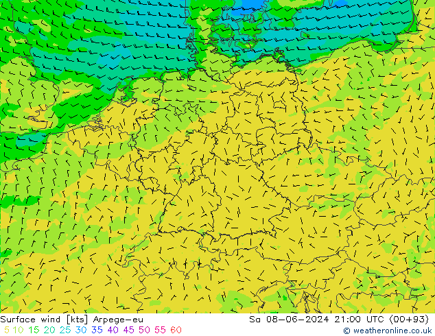 Vento 10 m Arpege-eu Sáb 08.06.2024 21 UTC