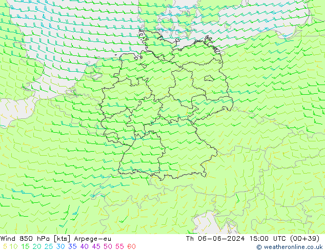 ветер 850 гПа Arpege-eu чт 06.06.2024 15 UTC