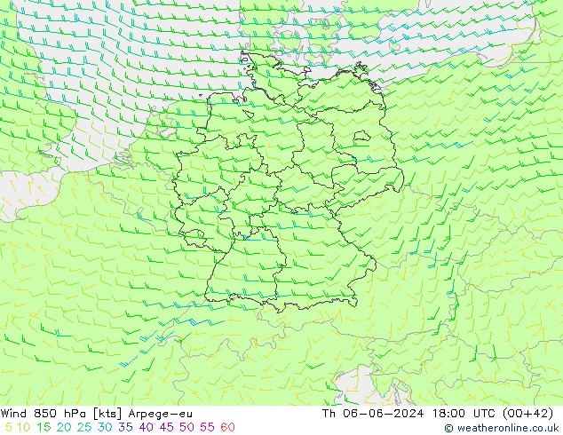 Vento 850 hPa Arpege-eu Qui 06.06.2024 18 UTC