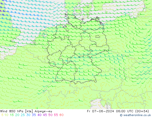 wiatr 850 hPa Arpege-eu pt. 07.06.2024 06 UTC