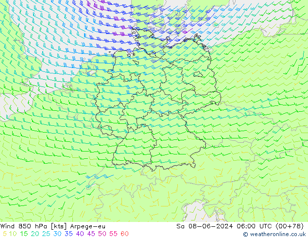 Vento 850 hPa Arpege-eu sab 08.06.2024 06 UTC