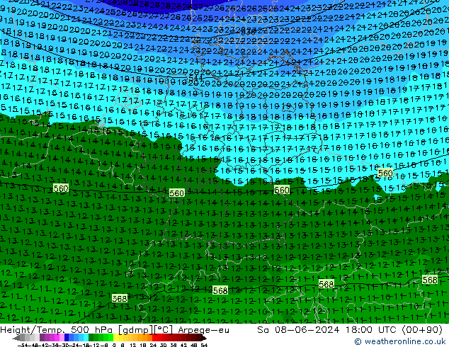 Hoogte/Temp. 500 hPa Arpege-eu za 08.06.2024 18 UTC