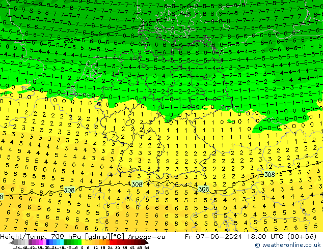 Yükseklik/Sıc. 700 hPa Arpege-eu Cu 07.06.2024 18 UTC