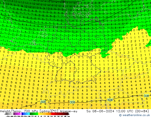 Height/Temp. 700 hPa Arpege-eu Sa 08.06.2024 12 UTC