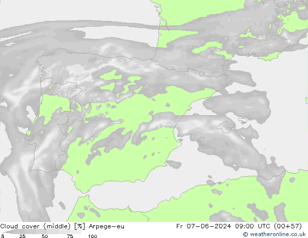 Cloud cover (middle) Arpege-eu Fr 07.06.2024 09 UTC