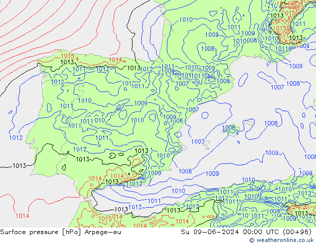 Luchtdruk (Grond) Arpege-eu zo 09.06.2024 00 UTC