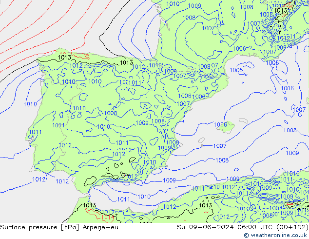 Pressione al suolo Arpege-eu dom 09.06.2024 06 UTC