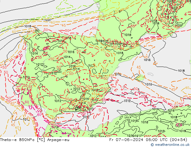 Theta-e 850hPa Arpege-eu vie 07.06.2024 06 UTC