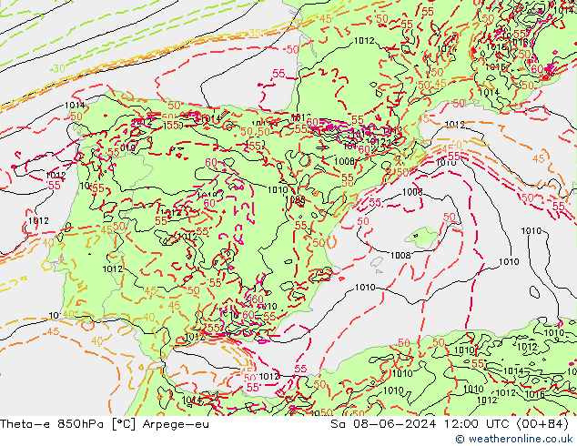 Theta-e 850гПа Arpege-eu сб 08.06.2024 12 UTC