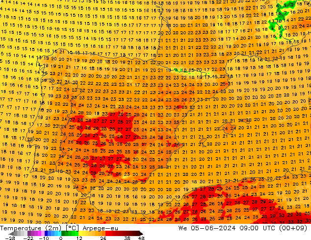 température (2m) Arpege-eu mer 05.06.2024 09 UTC