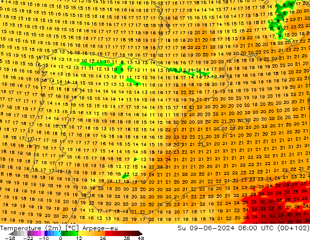 température (2m) Arpege-eu dim 09.06.2024 06 UTC