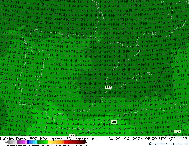 Yükseklik/Sıc. 500 hPa Arpege-eu Paz 09.06.2024 06 UTC