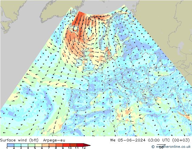 Wind 10 m (bft) Arpege-eu wo 05.06.2024 03 UTC