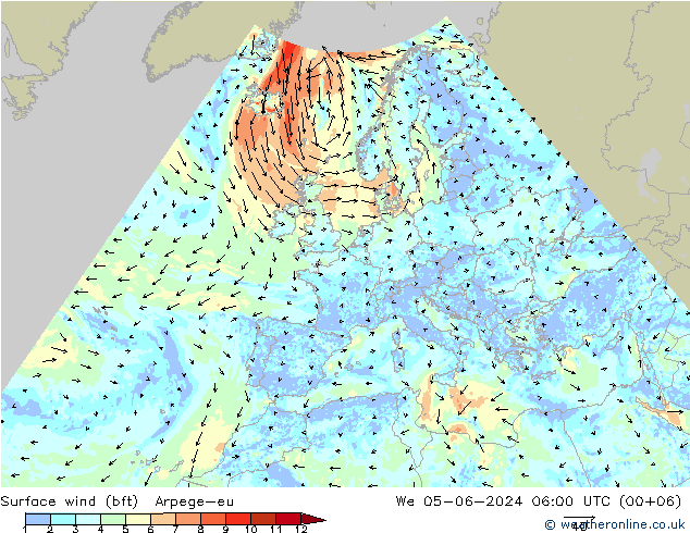 Vent 10 m (bft) Arpege-eu mer 05.06.2024 06 UTC