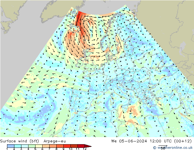 Wind 10 m (bft) Arpege-eu wo 05.06.2024 12 UTC