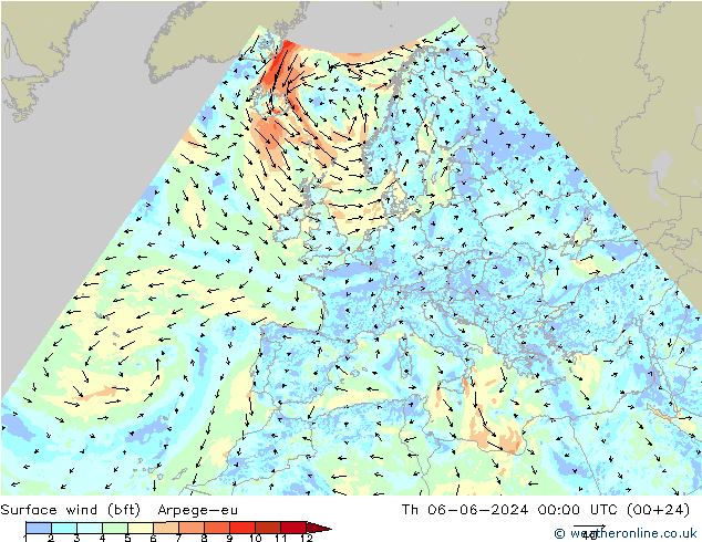 Rüzgar 10 m (bft) Arpege-eu Per 06.06.2024 00 UTC