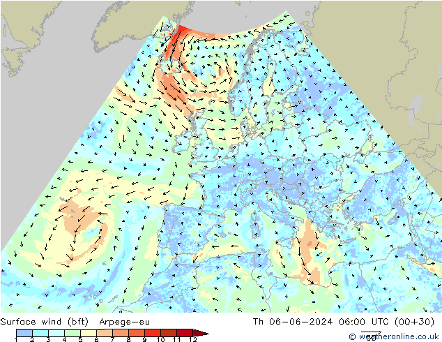 Vento 10 m (bft) Arpege-eu gio 06.06.2024 06 UTC