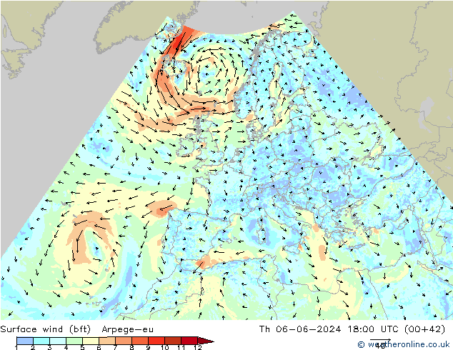 Rüzgar 10 m (bft) Arpege-eu Per 06.06.2024 18 UTC