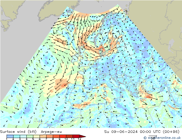  10 m (bft) Arpege-eu  09.06.2024 00 UTC