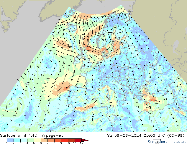 Bodenwind (bft) Arpege-eu So 09.06.2024 03 UTC