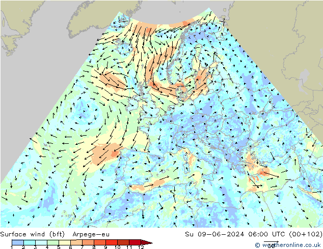 Vent 10 m (bft) Arpege-eu dim 09.06.2024 06 UTC