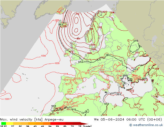 Max. wind snelheid Arpege-eu wo 05.06.2024 06 UTC