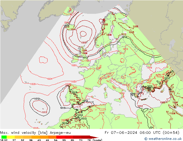 Max. wind velocity Arpege-eu Fr 07.06.2024 06 UTC