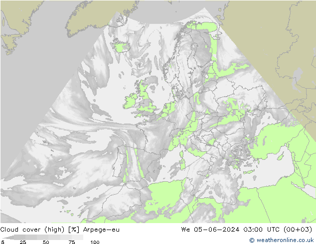 Cloud cover (high) Arpege-eu We 05.06.2024 03 UTC