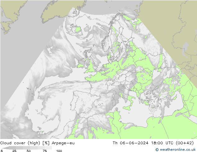 Cloud cover (high) Arpege-eu Th 06.06.2024 18 UTC