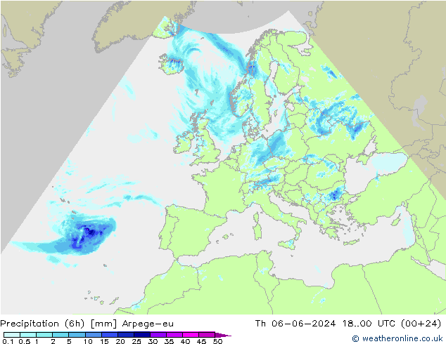 Precipitação (6h) Arpege-eu Qui 06.06.2024 00 UTC