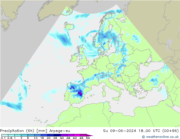 Precipitación (6h) Arpege-eu dom 09.06.2024 00 UTC