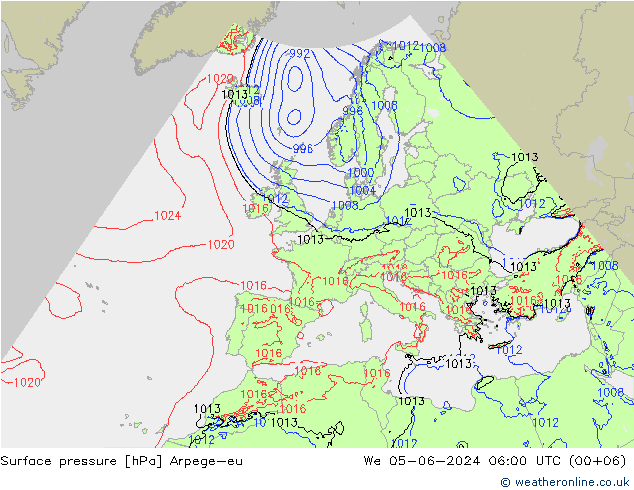Pressione al suolo Arpege-eu mer 05.06.2024 06 UTC