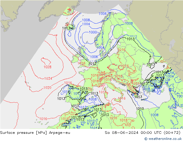 Pressione al suolo Arpege-eu sab 08.06.2024 00 UTC