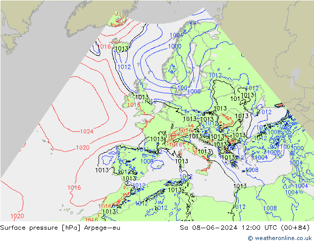 Pressione al suolo Arpege-eu sab 08.06.2024 12 UTC