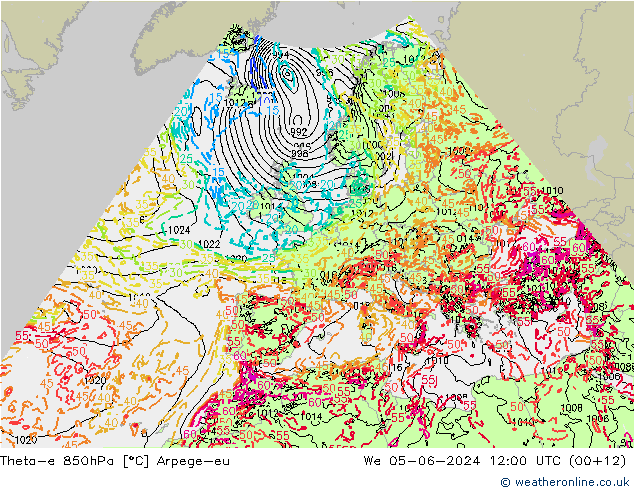 Theta-e 850hPa Arpege-eu We 05.06.2024 12 UTC