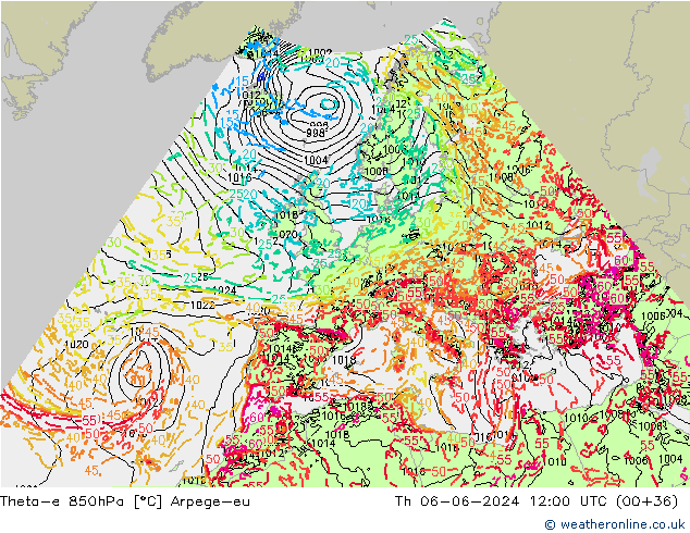 Theta-e 850гПа Arpege-eu чт 06.06.2024 12 UTC