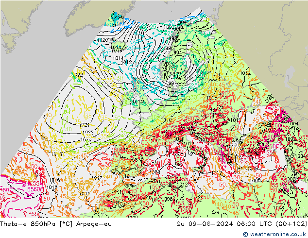 Theta-e 850hPa Arpege-eu Su 09.06.2024 06 UTC