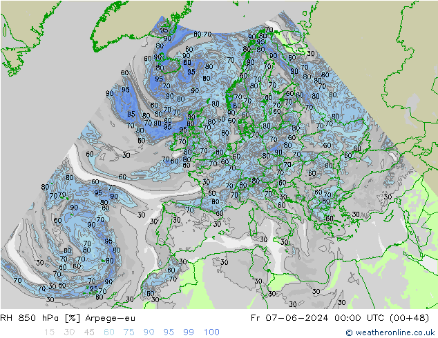 RH 850 hPa Arpege-eu ven 07.06.2024 00 UTC